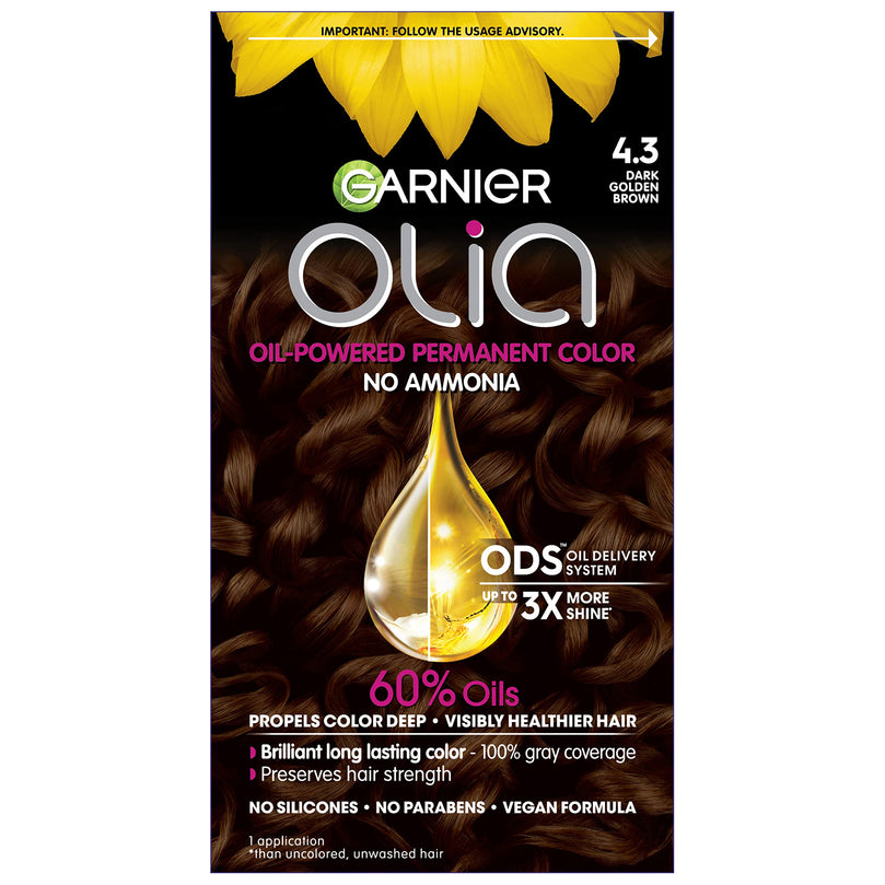 Garnier Hair Color Olia Ammonia-Free Brilliant Color Oil-Rich Permanent Hair Dye, 4.3 Dark Golden Brown, 1 Count (Packaging May Vary)
