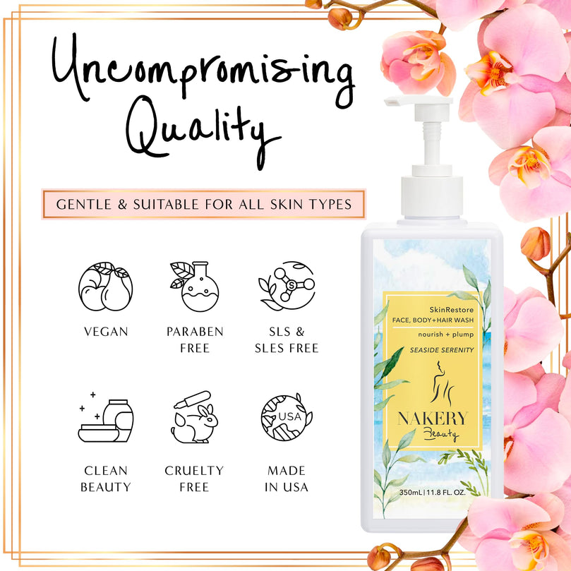 Nakery SkinRestore Hydrating Face & Body Wash with Hyaluronic Acid - Body Wash for Sensitive Skin - Foaming Face Wash & Oil Cleanser for Women 350ml - Sulfate Free & Cruelty Free - Seaside Serenity