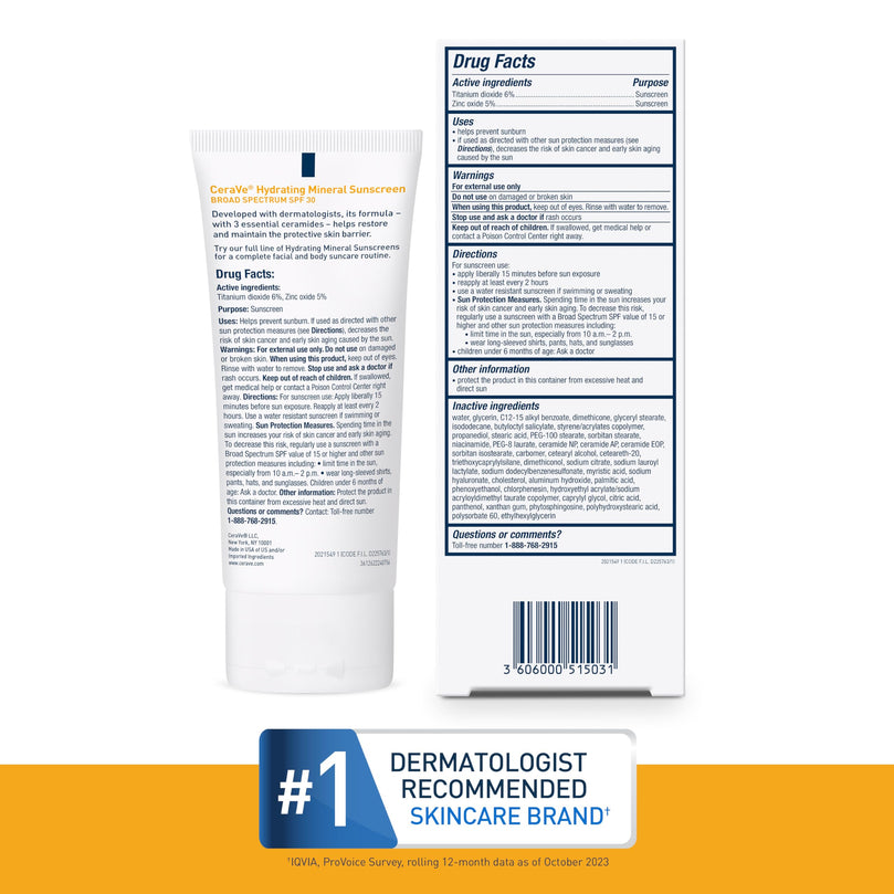 CeraVe 100% Mineral Sunscreen SPF 30, Face sunscreen With Zinc Oxide & Titanium Dioxide, Hyaluronic Acid + Niacinamide + Ceramides, Oil Free, Travel Size 2.5 oz