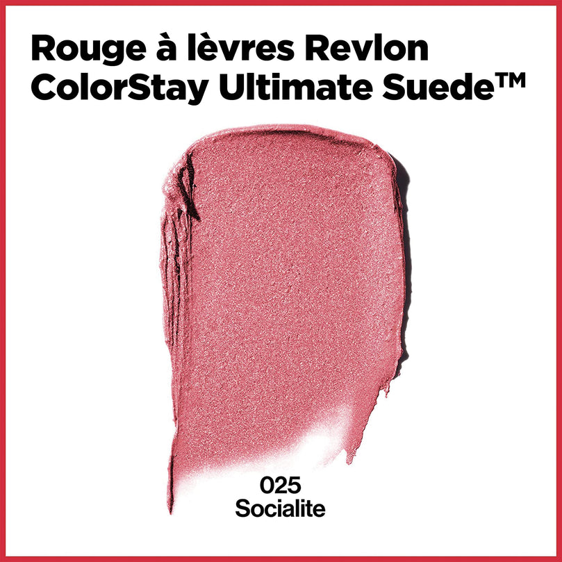REVLON Lipstick, ColorStay Ultimate Suede Lipstick, High Impact Lip color with Moisturizing Creamy Formula, Infused with Vitamin E, 025 Socialite, 0.09 Oz