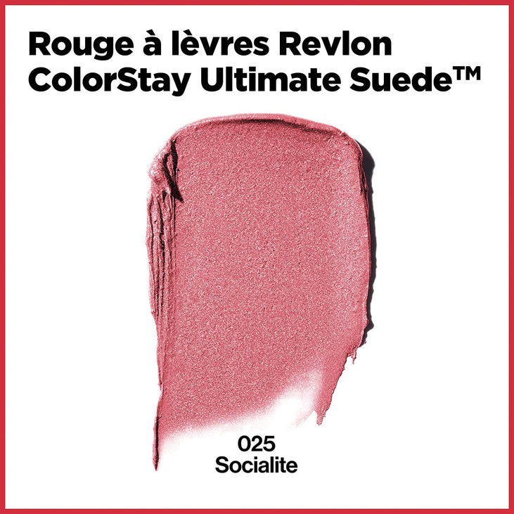 Revlon ColorStay Ultimate Suede Lipstick, Longwear Soft, Ultra-Hydrating High-Impact Lip Color, Formulated with Vitamin E, 025 Socialite, 0.09 oz