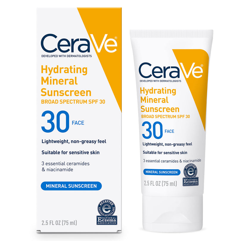 CeraVe 100% Mineral Sunscreen SPF 30, Face sunscreen With Zinc Oxide & Titanium Dioxide, Hyaluronic Acid + Niacinamide + Ceramides, Oil Free, Travel Size 2.5 oz