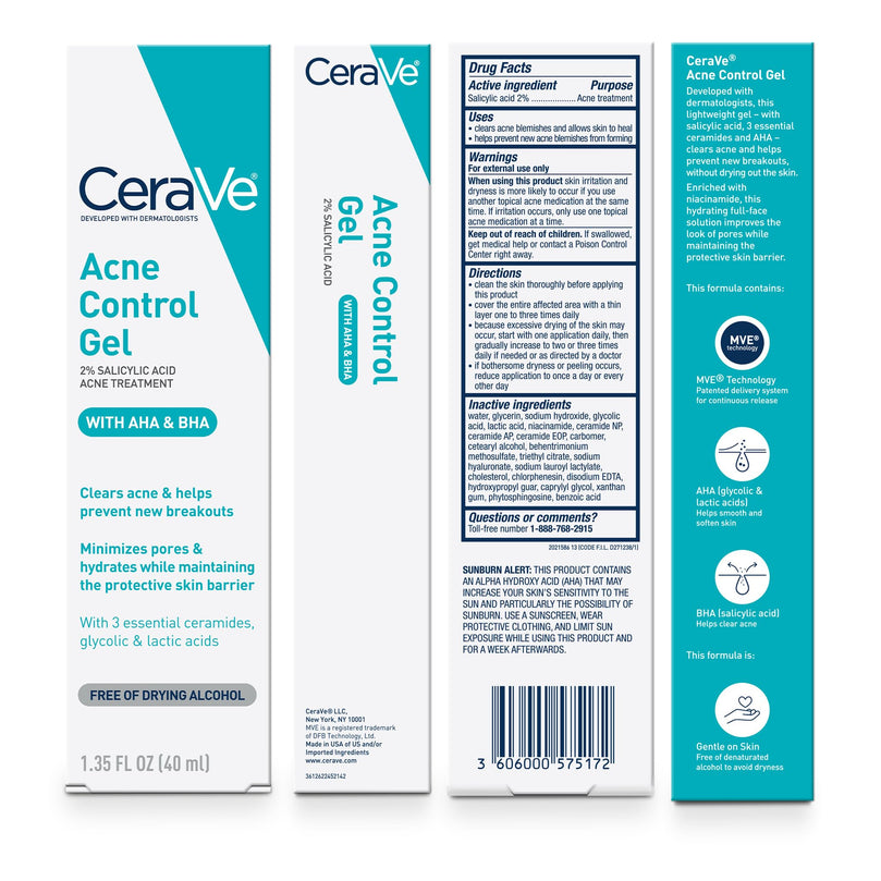 CeraVe Acne Control Gel, 2% Salicylic Acid Treatment With Glycolic Acid + Lactic Acids + Niacniamide, Acne Gel Helps Clear Blemishes Without Over Drying, Alcohol Free & Oil Free, 1.35 Fl Oz