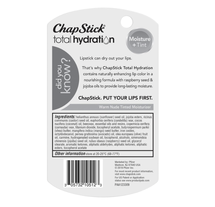 ChapStick Total Hydration Moisture Plus Tint Lip Balm, Warm Nude, 0.12 oz