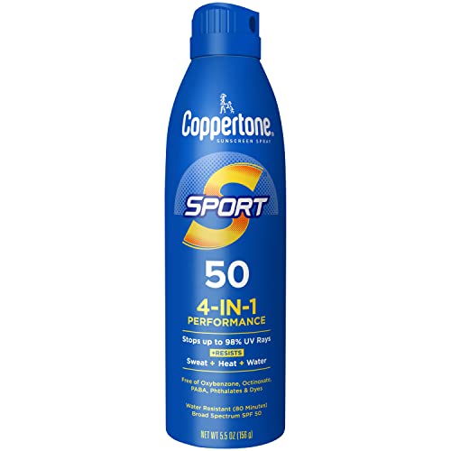 Coppertone Sport Sunscreen Spray SPF 50, Water Resistant Spray Sunscreen, Broad Spectrum SPF 50 Sunscreen, 5.5 Oz Bottle