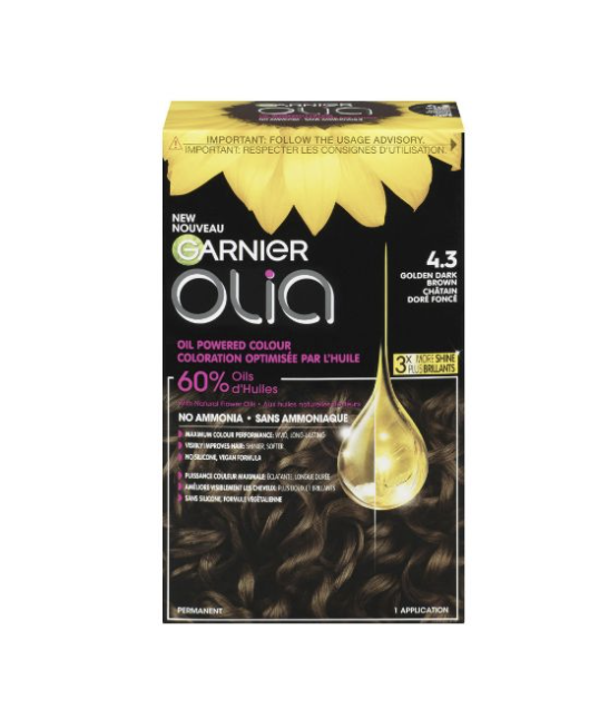 Garnier Hair Color Olia Ammonia-Free Brilliant Color Oil-Rich Permanent Hair Dye, 4.3 Dark Golden Brown, 1 Count (Packaging May Vary)