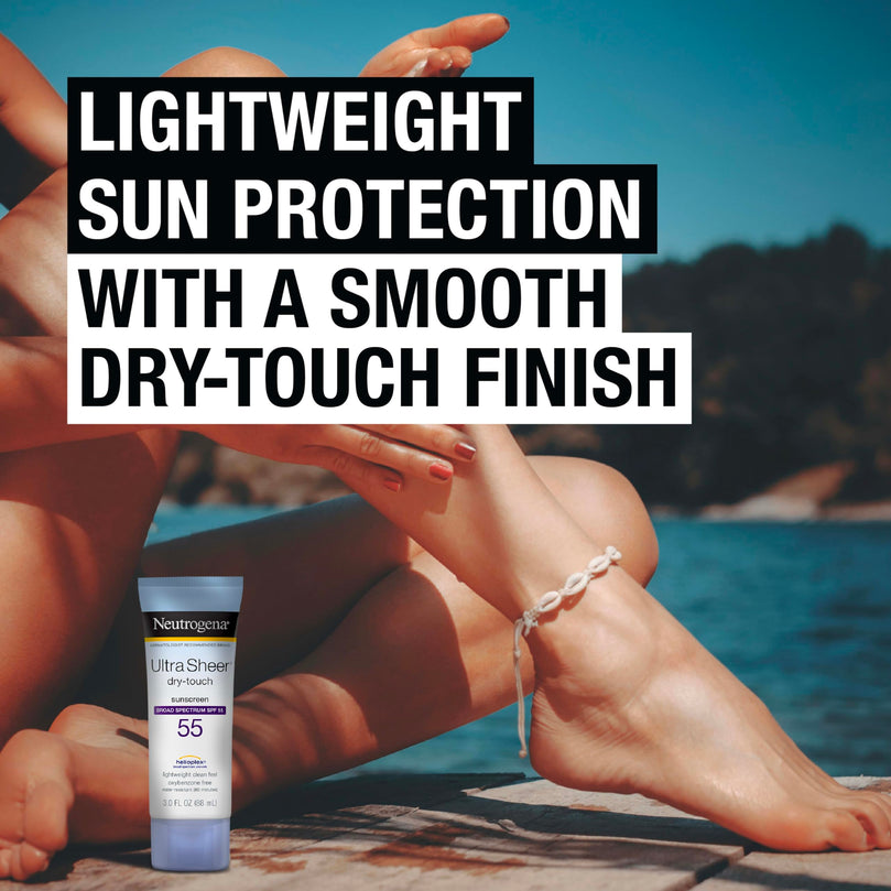 Neutrogena Ultra Sheer Dry-Touch Sunscreen Lotion, Broad Spectrum SPF 55 UVA/UVB Protection, Lightweight Water Resistant Face & Body Sunscreen, Non-Greasy, Travel Size, 3 fl. oz