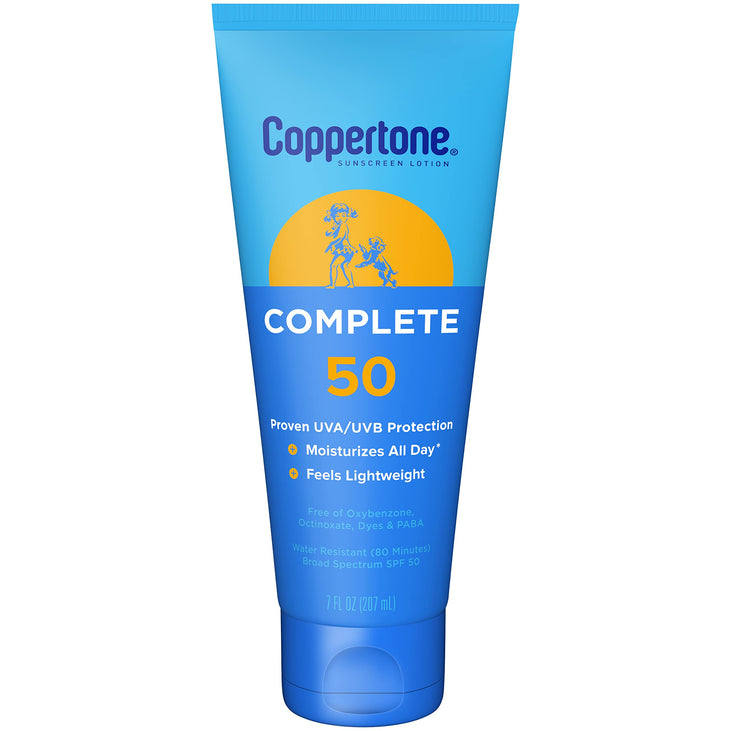 Coppertone Complete Sunscreen Lotion SPF 50, Face and Body Sunscreen, Lightweight, Water Resistant, 7 Fl Oz