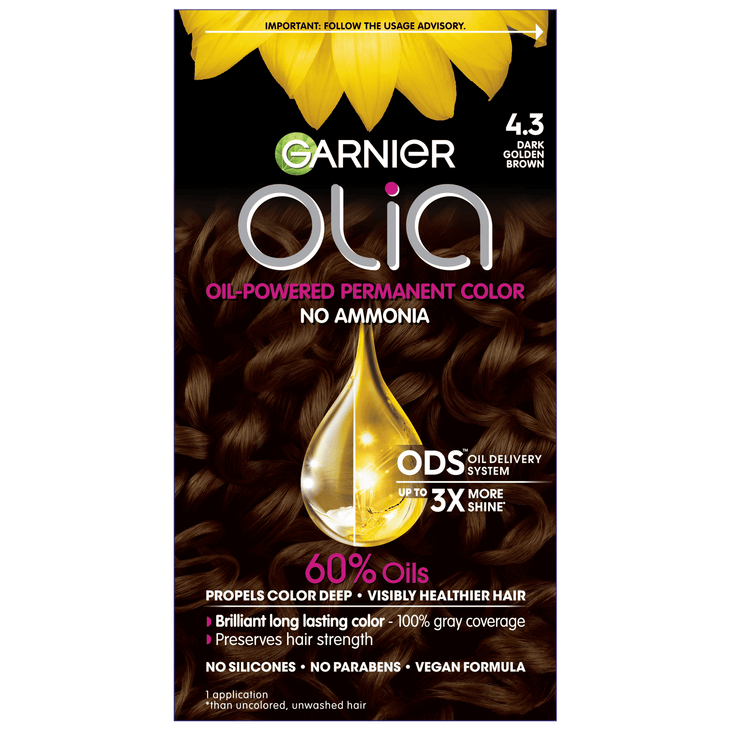 Garnier Hair Color Olia Ammonia-Free Brilliant Color Oil-Rich Permanent Hair Dye, 4.3 Dark Golden Brown, 1 Count (Packaging May Vary)