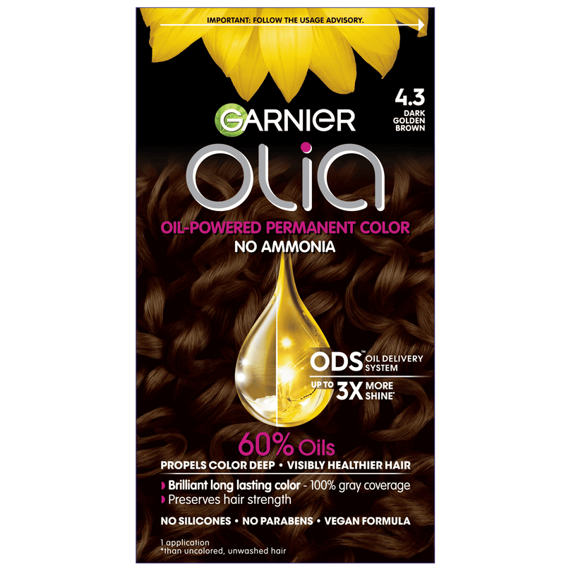 Garnier Hair Color Olia Ammonia-Free Brilliant Color Oil-Rich Permanent Hair Dye, 4.3 Dark Golden Brown, 1 Count (Packaging May Vary)