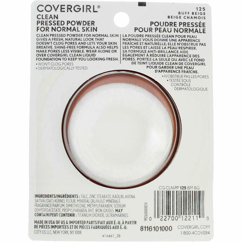 COVERGIRL Clean Pressed Powder, 125 Buff Beige, 0.39 oz, Lasting Setting Powder, Shine-Free Formula