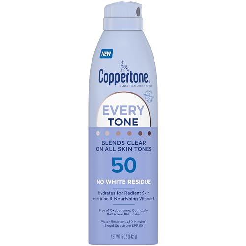 Coppertone Every Tone Sunscreen Spray SPF 50, Lightweight, Blends in Clear Sunscreen for All Skin Tones, Formulated with Nourishing Vitamin E, 5 Oz Bottle