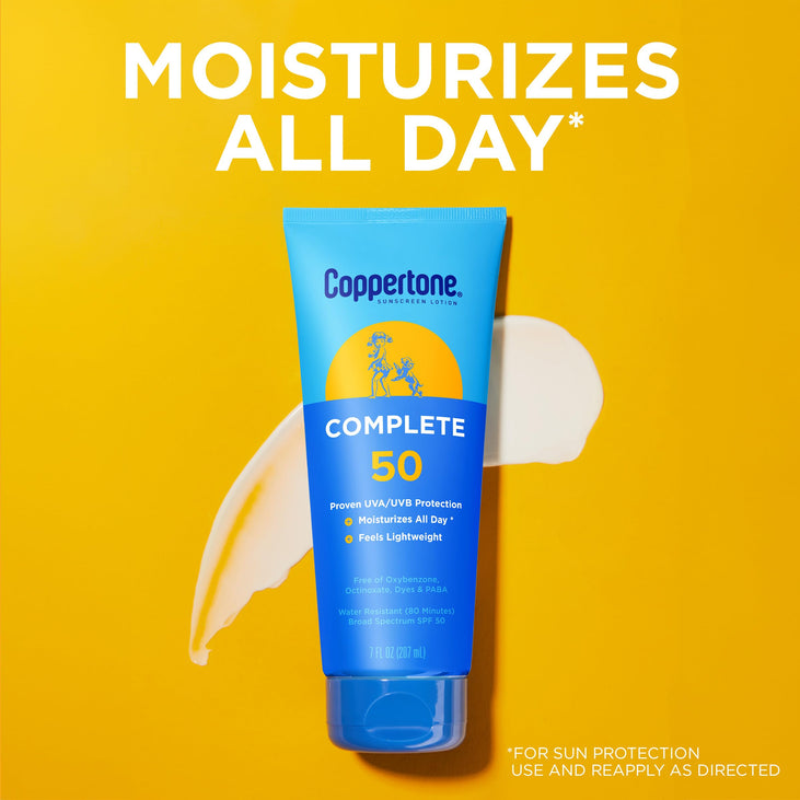 Coppertone Complete Sunscreen Lotion SPF 50, Face and Body Sunscreen, Lightweight, Water Resistant, 7 Fl Oz
