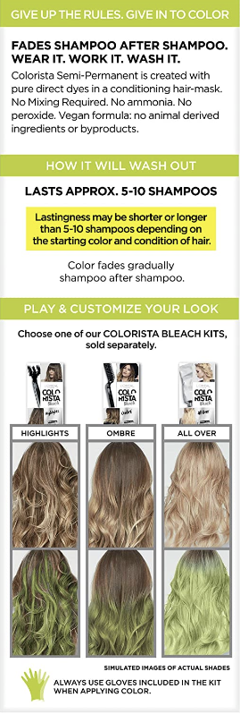 Loreal Paris Colorista Wash Out Neon Semi-Permanent Hair Dye Lime Green 80 ml (2 Pack)