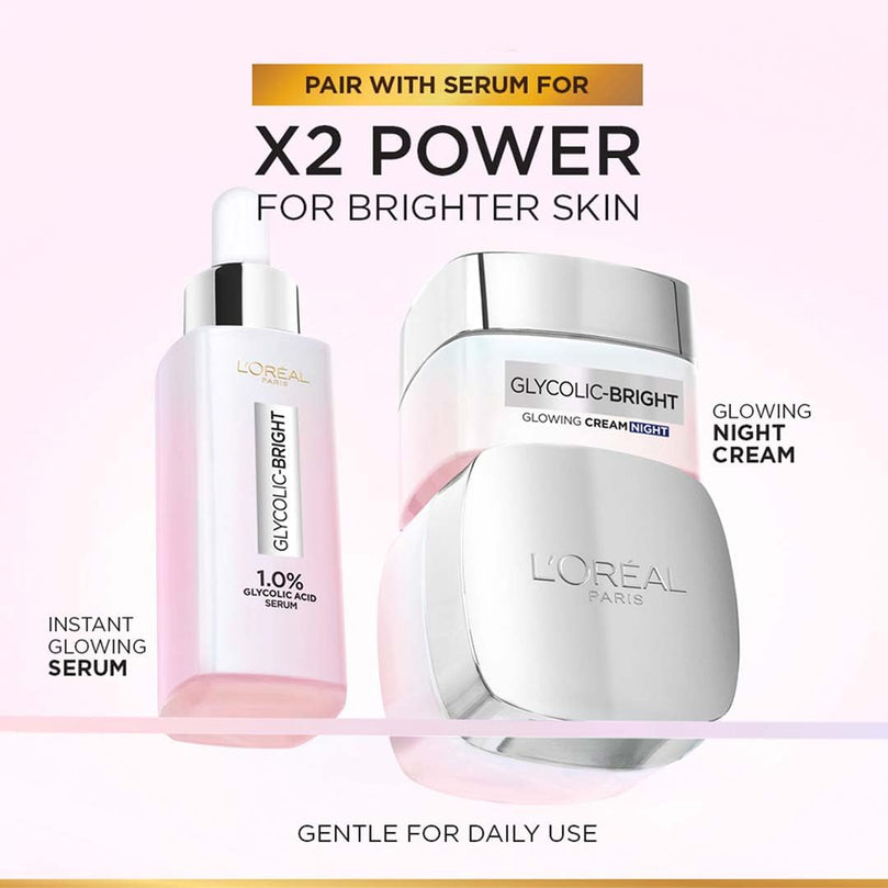 L'Oreal Paris Glycolic Bright Glowing Night Cream, 15ml |Overnight Brightening Cream with Glycolic Acid that Visbily Minimizes Spots & Reveals Glowing skin