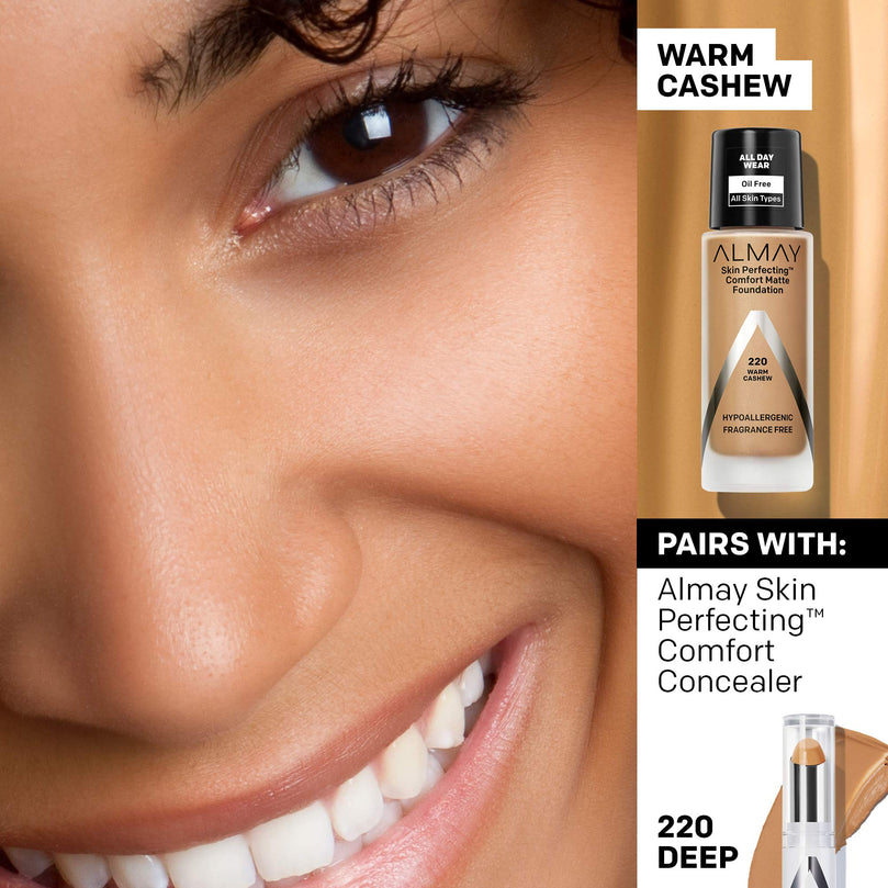 Almay Skin Perfecting Comfort Matte Foundation Makeup, Hypoallergenic, 220 Warm Cashew, 1 fl oz