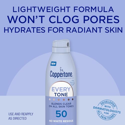 Coppertone Every Tone Sunscreen Spray SPF 50, Lightweight, Blends in Clear Sunscreen for All Skin Tones, Formulated with Nourishing Vitamin E, 5 Oz Bottle