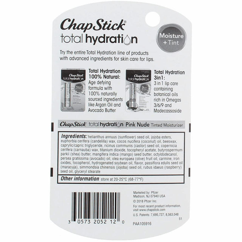 ChapStick Total Hydration Moisture + Tint Pink Nude Tinted Lip Balm Tube, 0.12 Oz