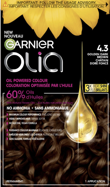 Garnier Hair Color Olia Ammonia-Free Brilliant Color Oil-Rich Permanent Hair Dye, 4.3 Dark Golden Brown, 1 Count (Packaging May Vary)