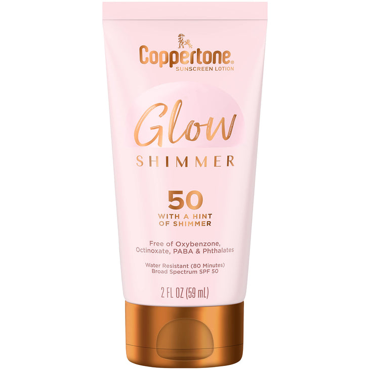 Coppertone Glow with Shimmer Sunscreen Lotion, Water Resistant , Broad Spectrum SPF 50, Travel Size, 2 Fl Oz Bottle