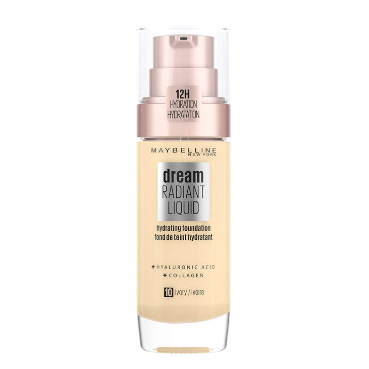 Maybelline Foundation, Dream Radiant Liquid Hydrating Foundation with Hyaluronic Acid and Collagen - Lightweight, Medium Coverage Up to 12 Hour Hydration - 10 Ivory