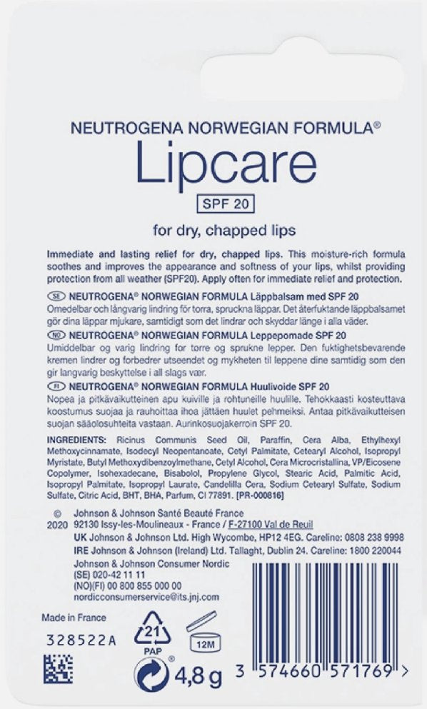 Neutrogena Norwegian Formula Lip Balm SPF 20 4.8g (Pack of 3)