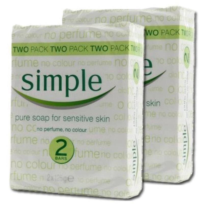 Simple Pure Soap for Sensitive Skin, 100g Bar Soap Twin Pack (4 Bars Total) - Unscented, Hypoallergenic