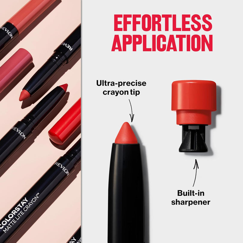 Revlon ColorStay Matte Lite Crayon Lipstick with Built-in Sharpener, Smudgeproof, Water-Resistant, 003 Soufflé All Day, 0.049 oz