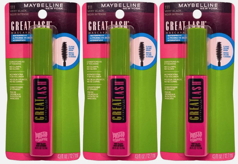 Maybelline New York Great Lash Waterproof Mascara Makeup Very Black 3 Count