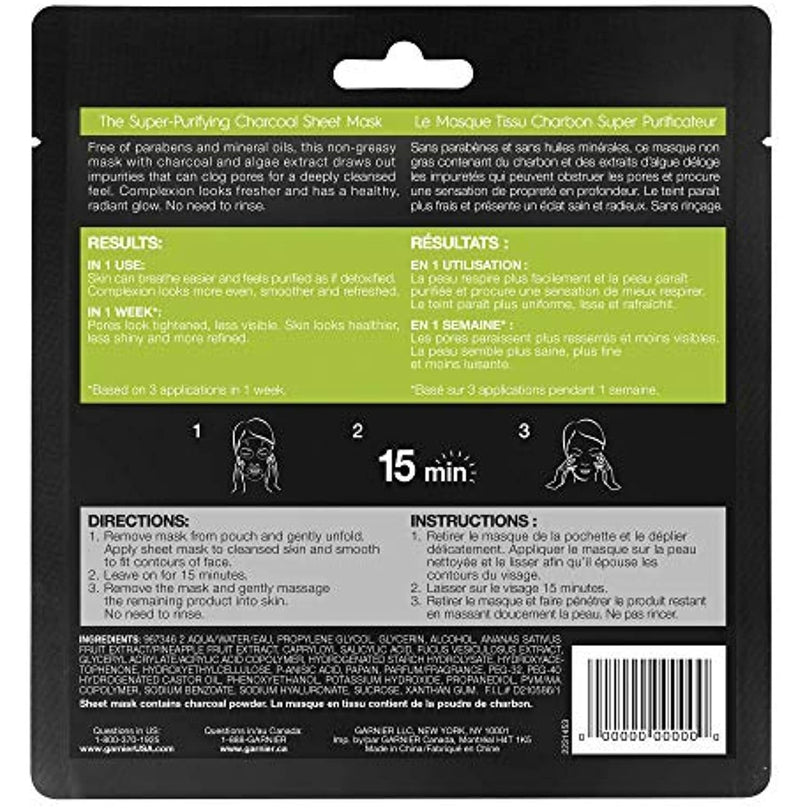 Garnier SkinActive Super Purifying Charcoal Sheet Mask, 12 Count