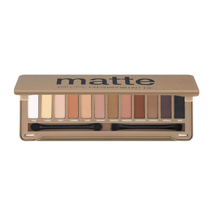 BYS 12 Shade Matte Eyeshadow Palette Tin Collection with Mirror, Double Ended Applicator and Blender, Nude and Smoke