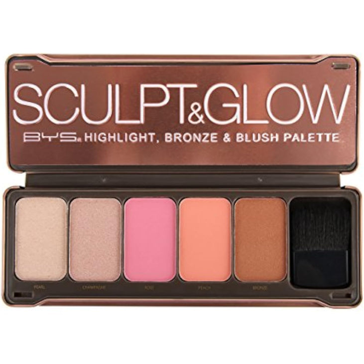 BYS Sculpt & Glow- Highlight, Bronze & Blush Palette with Brush and Mirror- Pearl, Champagne, Rose, Peach, Bronze, Illuminate makeup