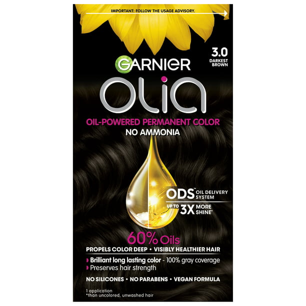 Garnier Olia Ammonia Free Permanent Hair Color, 100% Gray Coverage (Packaging May Vary), 3.0 Darkest Brown Hair Dye, Pack of 1