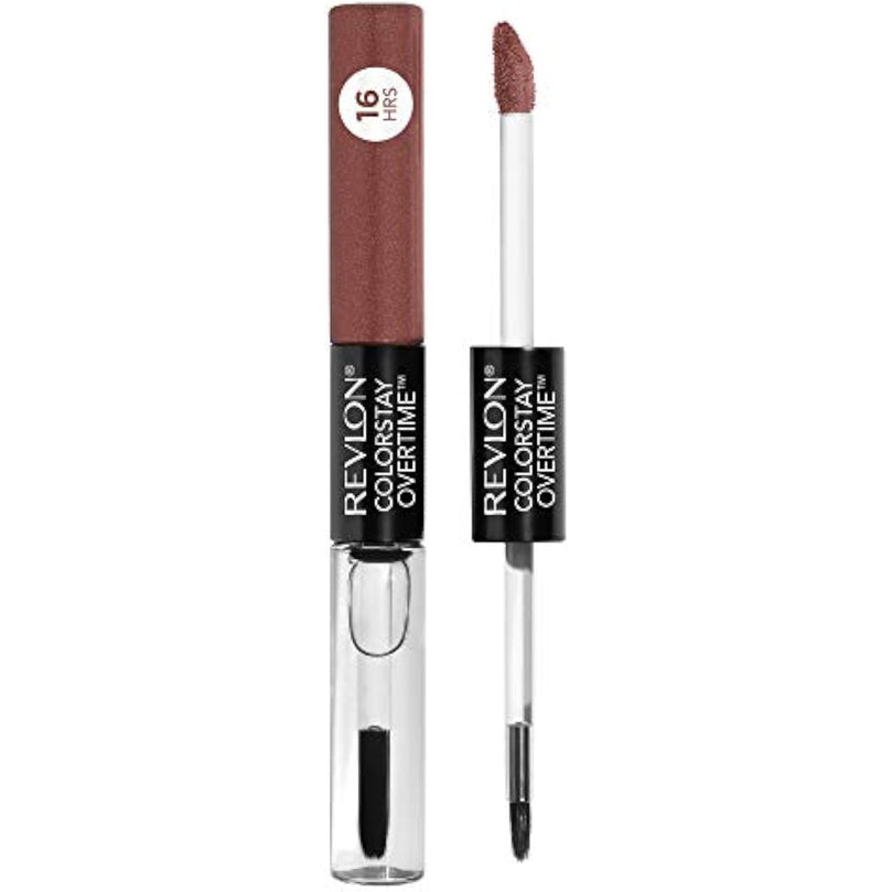 Revlon ColorStay Overtime Lipcolor, Dual Ended Longwearing Liquid Lipstick with Clear Lip Gloss, with Vitamin E, 320 Faithful Fawn, 0.07 fl oz