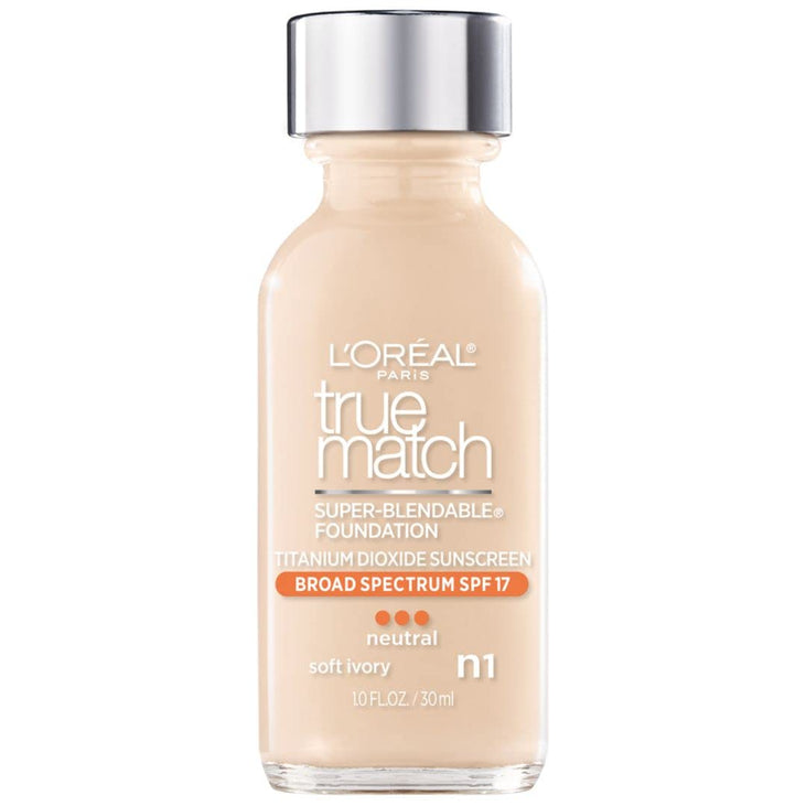 L'Oreal Paris True Match Liquid Foundation Makeup, Natural Finish, N1 Soft Ivory, 1 fl oz - Old Version