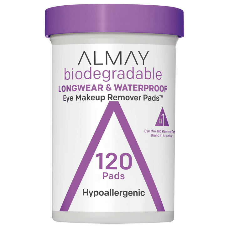 Almay Biodegradable Longwear & Waterproof Eye Makeup Remover Pads, Hypoallergenic, Cruelty Free, Fragrance Free Cleansing Wipes, 120 count