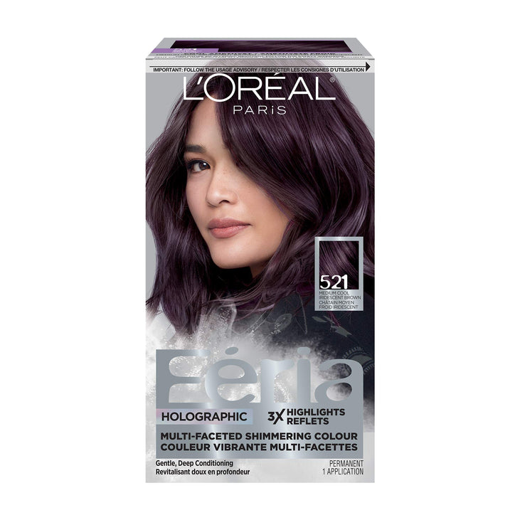 L'Oreal Paris Feria Multi-Faceted Shimmering Permanent Hair Color, 52 Medium Iridescent Brown/ Cool Amethyst, 1 Kit