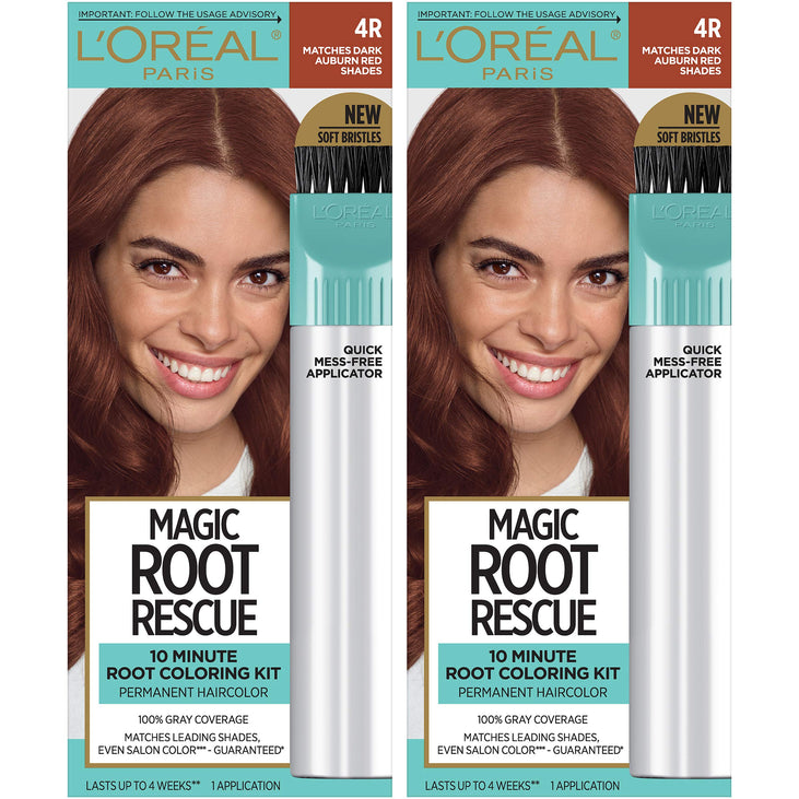 L'Oreal Paris Magic Root Rescue 10 Minute Root Hair Coloring Kit, Permanent Hair Color with Quick Precision Applicator, 100% Gray Coverage, 4R Dark Auburn, 2 count Pack of 2 Dark Auburn Re