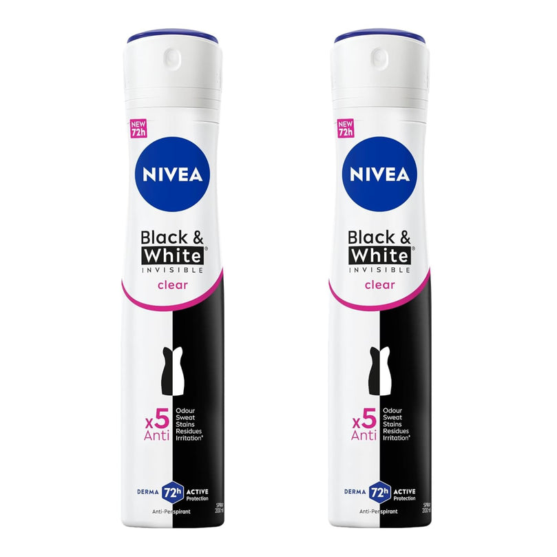 NIVEA Black & White Invisible Clear Anti-Perspirant Deodorant Spray 200ml 2-Pack