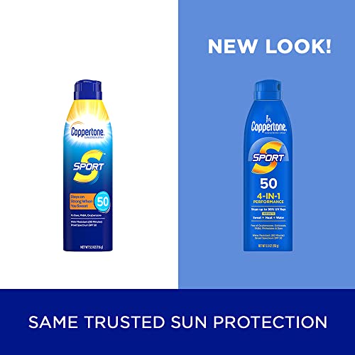 Coppertone Sport Sunscreen Spray SPF 50, Water Resistant Spray Sunscreen, Broad Spectrum SPF 50 Sunscreen, 5.5 Oz Bottle