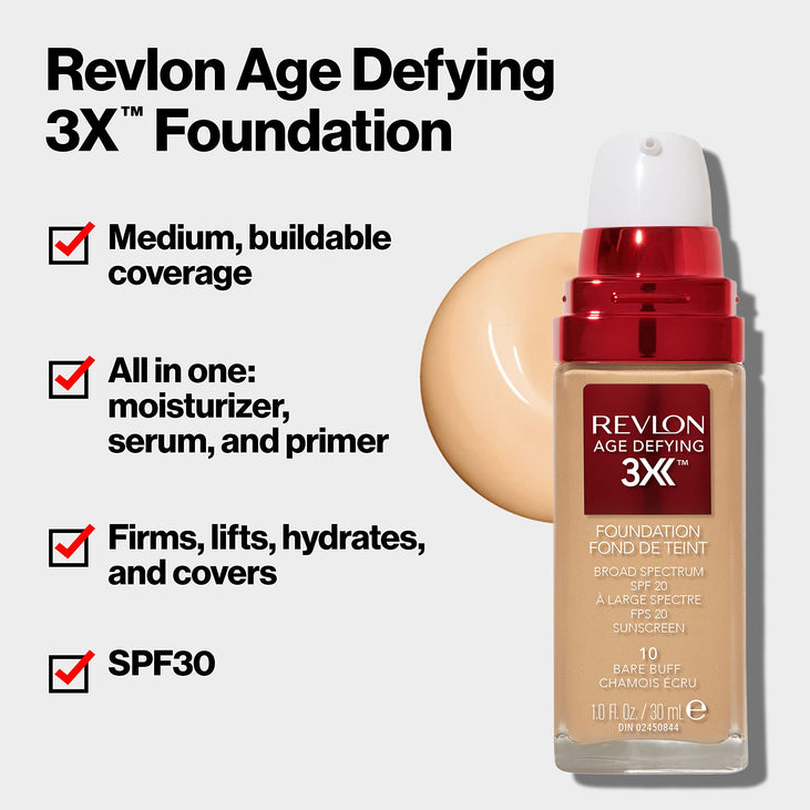 Revlon Age Defying 3X Cream Foundation Makeup, SPF 20, Honey Beige, 1 fl oz
