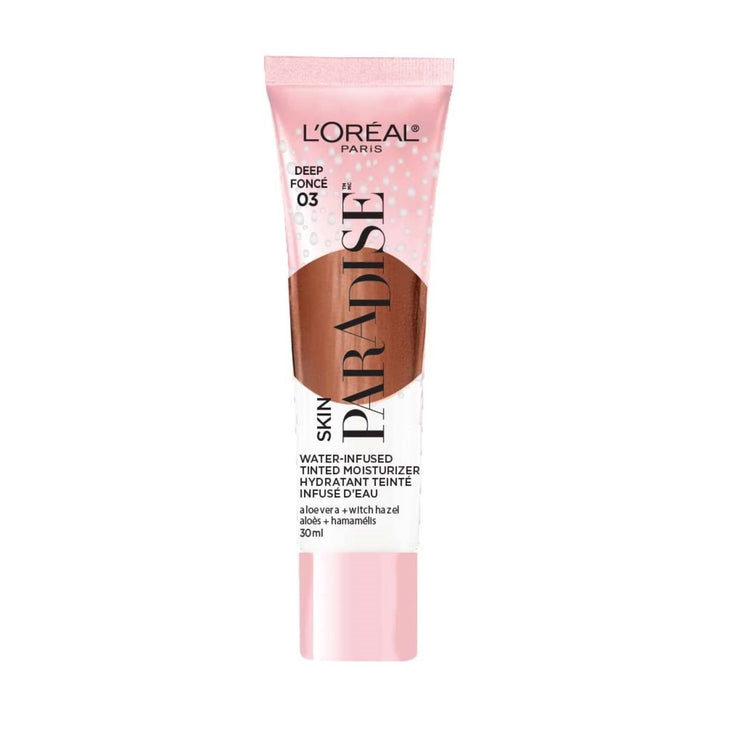 L'Oreal Paris Skin Paradise Water-infused Tinted Moisturizer with Broad Spectrum SPF 19 sunscreen lightweight, natural coverage up to 24h hydration for a fresh, glowing complexion, Deep 03, 1 fl oz