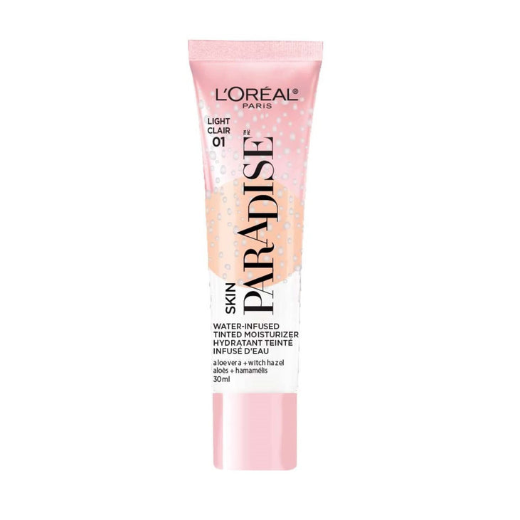 L'Oreal Paris Skin Paradise Water-infused Tinted Moisturizer with Broad Spectrum SPF 19 sunscreen lightweight, natural coverage up to 24h hydration for a fresh, glowing complexion, Light 01, 1 fl oz