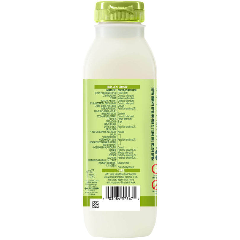 Garnier Fructis Smoothing Treat Conditioner, 98 Percent Naturally Derived Ingredients, Avocado, Nourish and Smooth for Frizzy Hair, 11.8 Fl Oz