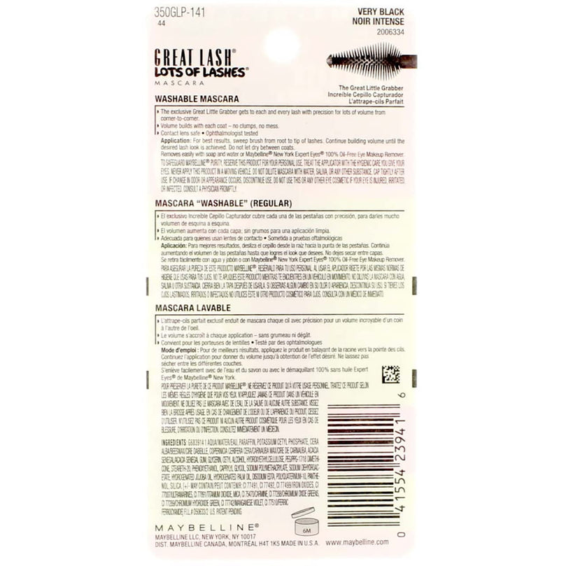 Maybelline Great Lash Lots of Lashes Washable Mascara 141 Very Black .43 Ounces (Pack of 3)