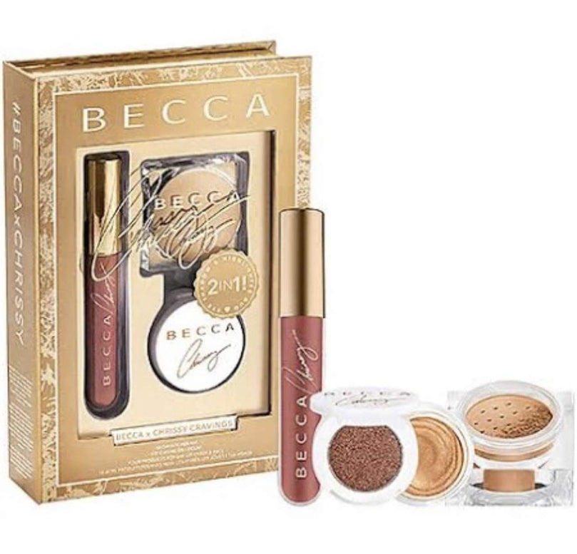 Becca CHRISSY Glow Kitchen Kit, Four Products for Eye, Lips, Cheeks & Face; Glow Souffle Eye Shadow 0.7oz & Highlighter .04oz Duo, Lip Souffle Matted Lip .16 fl oz, Confectionary Glow Powder .14oz