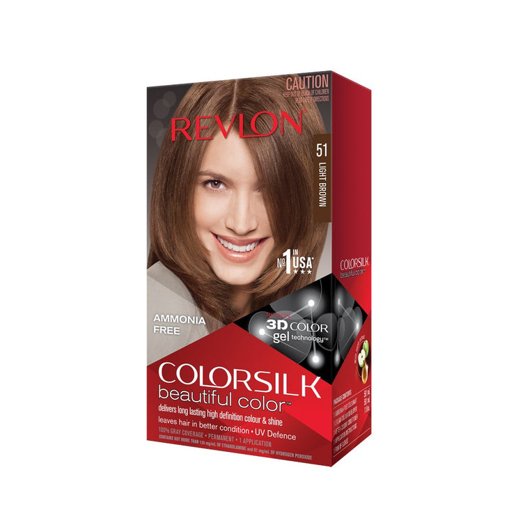 Revlon Colorsilk Beautiful Color Permanent Hair Color with 3D Gel Technology & Keratin, 100% Gray Coverage Hair Dye, 51 Light Brown, Pack of 3