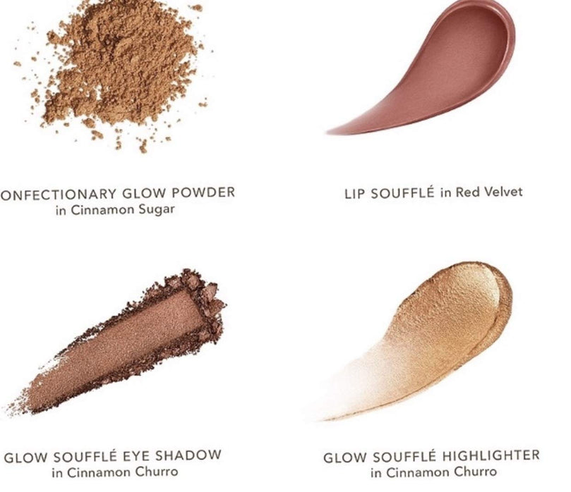 Becca CHRISSY Glow Kitchen Kit, Four Products for Eye, Lips, Cheeks & Face; Glow Souffle Eye Shadow 0.7oz & Highlighter .04oz Duo, Lip Souffle Matted Lip .16 fl oz, Confectionary Glow Powder .14oz