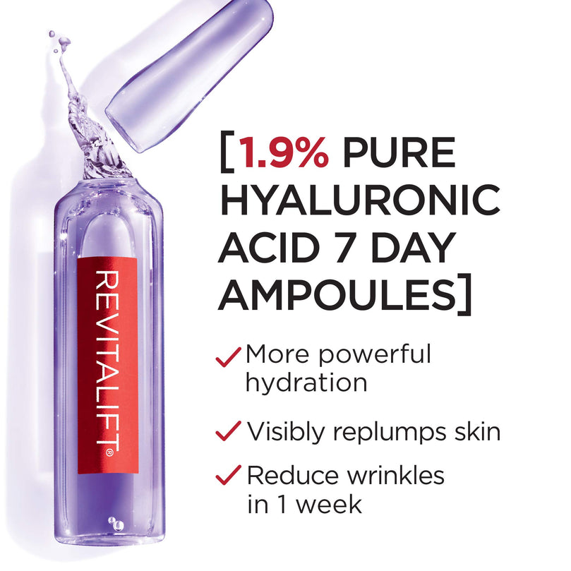 L'Oreal Paris Revitalift Derm Intensives Hyaluronic Acid Serum Ampoules 7 Day Boost Pure Hyaluronic Acid Anti-Aging Ampoules to visibly replump skin in 7 days, 7 Ampoules, 0.28 fl; oz.