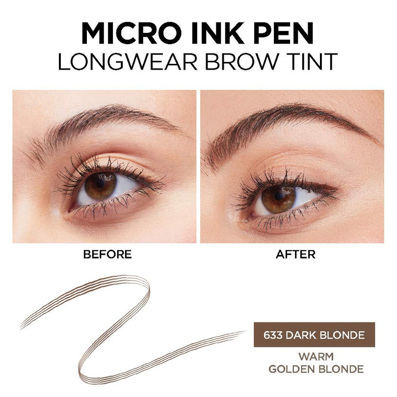 L'Oreal Paris Micro Ink Pen by Brow Stylist, Longwear Brow Tint - 633 Dark Blonde, 0.033 fl oz.
